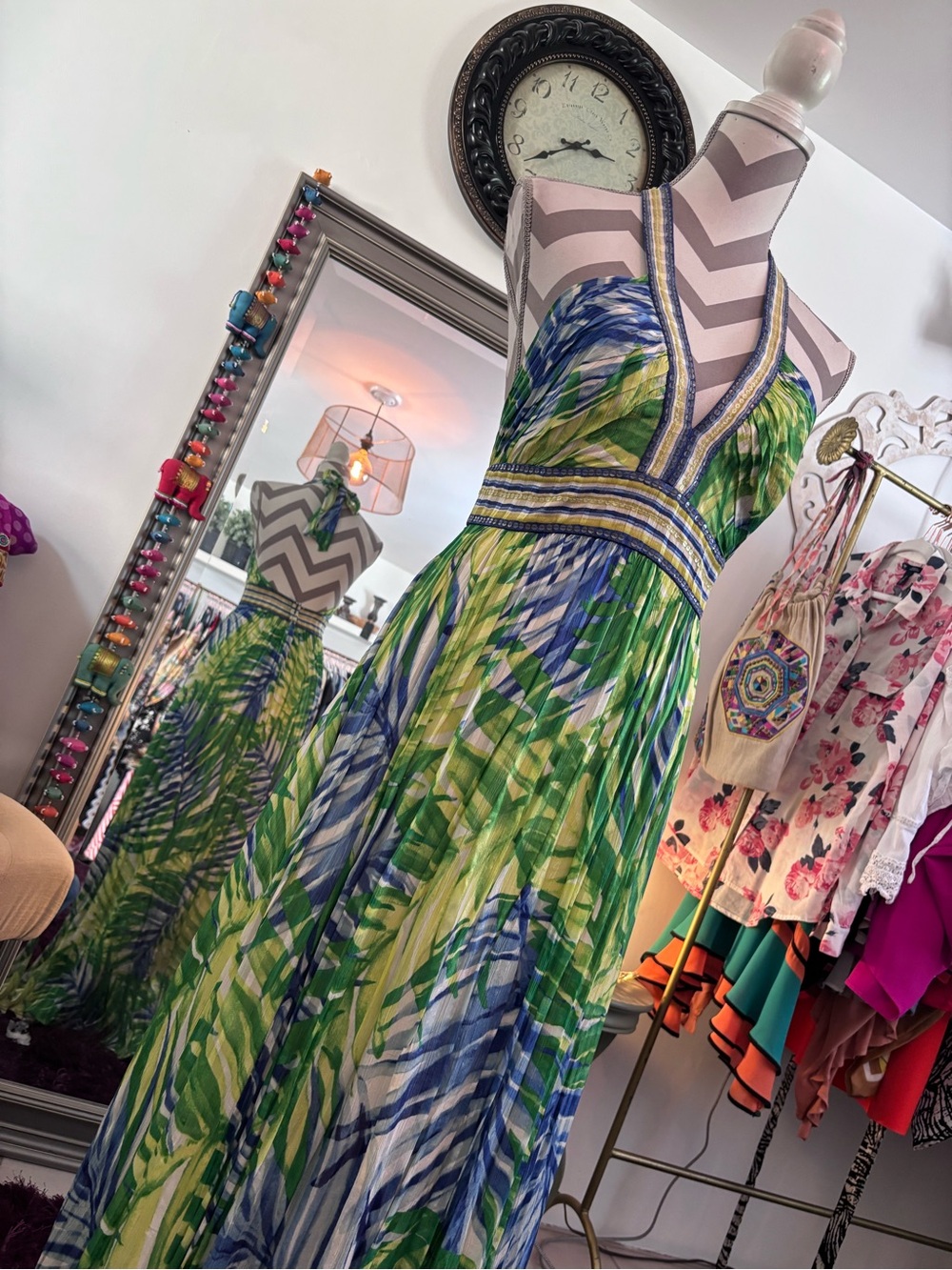 BCBGMaxAzria Green and Blue V-Neck Printed Maxi Dress